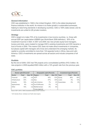 52
106
General information
CDC was established in 1948 in the United Kingdom. CDC is the oldest development
finance institution in the world. Its mission is to foster growth in sustainable businesses,
helping to raise living standards in developing countries. CDC is 100% state owned, and its
investments are untied to UK private investors.
Strategy
CDC‘s target is to make 75% of its investments in low income countries, i.e. those with
annual GDP per capita below US$905 (per World Bank 2006 definition). 50% of its
investment must be in SSA. In 2001 and 2004, two new private equity fund managers,
Aureos and Actis, were created to manage CDC‘s existing investments and CDC became a
fund of funds in 2004. This means CDC does not make direct investments in companies,
but places capital with managers who know and understand the emerging markets. Its
capital is currently committed to more than 134 separate funds in Africa, Asia and Latin
America. CDC‘s investments are spread across all sectors and include companies of all
sizes.
Portfolio
By the end of 2009, CDC had 794 projects and a consolidated portfolio of €3.3 billion. Its
new projects in 2009 equalled €583 million with a 10% growth rate from the previous year.
CDC portfolio
Sector split (Percent)* Geographic split (Percent) Investment type (Percent)
Sector Total New „09 Region Total New „09 Type Total New „09
Financial 23% n/a ACP* 40% 57% Equity 96% 90%
Infrastructure 34% n/a Asia 47% 33% Loans 4% 10%
Industry 18% n/a Latin America 7% 4% Guarantees 0% 0%
Agribusiness 6% n/a Eur/CIS/Russia 2% 1%
Other 19% n/a Mediterranean 4% 5%
Cross-regional - -
Source: EDFI. (2010): ―2009 Comparative analysis of EDFI members.‖
* ACP denotes African, Caribbean and Pacific Island regions
 