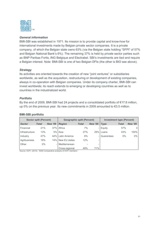 61
116
General information
BMI-SBI was established in 1971. Its mission is to provide capital and know-how for
international investments made by Belgian private sector companies. It is a private
company, of which the Belgian state owns 63% (via the Belgian state holding ―SFPI‖ of 57%
and Belgian National Bank‘s 6%). The remaining 37% is held by private sector parties such
as BNP Paribas Fortis, ING Belgique and Electrabel. SBI‘s investments are tied and require
a Belgian interest. Note: BMI-SBI is one of two Belgian DFIs (the other is BIO see above).
Strategy
Its activities are oriented towards the creation of new ―joint ventures‖ or subsidiaries
worldwide, as well as the acquisition, restructuring or development of existing companies,
always in co-operation with Belgian companies. Under its company charter, BMI-SBI can
invest worldwide; its reach extends to emerging or developing countries as well as to
countries in the industrialized world.
Portfolio
By the end of 2009, BMI-SBI had 24 projects and a consolidated portfolio of €17.8 million,
up 0% on the previous year. Its new commitments in 2009 amounted to €3.5 million.
BMI-SBI portfolio
Sector split (Percent) Geographic split (Percent) Investment type (Percent)
Sector Total New „09 Region Total New „09 Type Total New „09
Financial 21% 37% Africa 7% - Equity 57% 0
Infrastructure 13% 5% Asia 27% 29% Loans 43% 100%
Industry 47% 44% Latin America 6% - Guarantees 0% 0%
Agribusiness 18% 14% New EU states 12% -
Other 0% - Mediterranean - -
Cross-regional 49% 71%
Source: EDFI. (2010): ―2009 Comparative analysis of EDFI members.‖
 