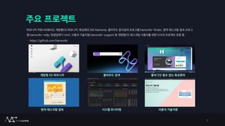 주요 프로젝트
하모니카 커뮤니티에서는 개방형OS 하모니카, 화상회의 SW Hamonia, 클라우드 문서검색 프로그램 hamonikr-finder, 원격 데스크탑 접속 프로그
램 hamonikr-xrdp, 한글입력기 nimf, 사용자 기술지원 hamonikr-support 등 개방형OS 데스크탑 사용자를 위한 다수의 프로젝트 운영 중.
– https://github.com/hamonikr
개방형 OS 하모니카 클라우드 검색 플러그인 필요 없는 화상회의
원격 데스크탑 접속 시스템 모니터링 사용자 기술지원
5
 