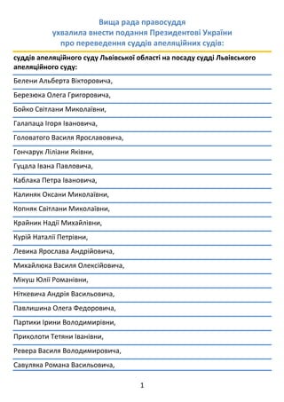 1 
 
Вища рада правосуддя  
ухвалила внести подання Президентові України  
про переведення суддів апеляційних судів: 
судд...