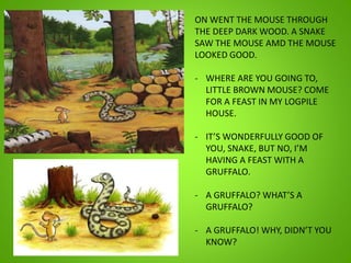 ON WENT THE MOUSE THROUGH
THE DEEP DARK WOOD. A SNAKE
SAW THE MOUSE AMD THE MOUSE
LOOKED GOOD.
- WHERE ARE YOU GOING TO,
LITTLE BROWN MOUSE? COME
FOR A FEAST IN MY LOGPILE
HOUSE.
- IT’S WONDERFULLY GOOD OF
YOU, SNAKE, BUT NO, I’M
HAVING A FEAST WITH A
GRUFFALO.
- A GRUFFALO? WHAT’S A
GRUFFALO?
- A GRUFFALO! WHY, DIDN’T YOU
KNOW?
 