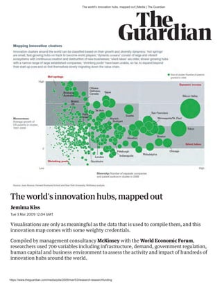 The world's innovation hubs, mapped out | Media | The Guardian
https://www.theguardian.com/media/pda/2009/mar/03/research-researchfunding
The world's innovation hubs, mapped out
Jemima Kiss
Tue 3 Mar 2009 12.04 GMT
Visualisations are only as meaningful as the data that is used to compile them, and this
innovation map comes with some weighty credentials.
Compiled by management consultancy McKinsey with the World Economic Forum,
researchers used 700 variables including infrastructure, demand, government regulation,
human capital and business environment to assess the activity and impact of hundreds of
innovation hubs around the world.
 