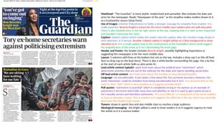 Masthead- “The Guardian” is more stylish, modernised and upmarket. Also includes the date and
price for the newspaper. Reads “Newspaper of the year” as the strapline makes readers drawn to it
as a trustworthy source (shop front).
Use of images- emotive (Palestinians) so holds a stronger message for empathy from readers. It is
really powerful. Beverly Knight is meant for the more middle class readers who are well educated.
There is also football news in the far right corner at the top, implying how it is seen as less important
and shouldn’t dominate the news.
Caption- inlayed caption which makes the reader view the caption after the emotive image draws in
their attention. It is factual. Another inlayed caption in bright yellow on a blue background to draw
attention to it. It is a small caption next to the small picture of the footballers which could suggest
the insignificance of this news as it isn’t dominating the front page.
Header and Footer- the header includes Beverly Knight, possibly highlighting importance or
suggesting this newspaper is for the more middle class.
Layout- 5 columns with lines at the bottom but not on the top. Includes a drop cap S on the off lead
(but no drop cap on the lead story). There is also a white border surrounding the page. Has a by line
at the start of each article (tells us who wrote it).
Lead article content (splash)- quite hard news about the political term “extremism” which
determines activities that are out of the ordinary for the state and rejects standing social order.
Off lead article content- also hard news about the troubles in Gaza during Ramadan.
Language- not sensationalist. It just states a fast about the Tory ex-home secretary. However, the
word ‘extremism’ could be mistaken from being sensationalist but it isn’t. It is sensationalist as hey
wait for their “fate” which is very emotive as it suggests possible death.
Pull quotes- “extremism is essential” which is completely wrong in my opinion as an example of
extremism is terrorism which kills many lives and whether or not it is used to get a point across it
isn’t morally correct and therefore extremism. “It is very difficult” is a statement of the harsh realities
in Gaza as Ramadan comes. This is emotive as it suggests the difficulty is the war which has inevitably
destroyed the Muslim holy month.
Teasers- draws in sports fans and also middle class so reaches a large audience.
Ideological messaging- the bright yellow is used to draw readers in as it suggests urgency to read
the article or it is a serious matter.
 
