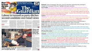 Masthead- name of newspaper, date, price, price for subscribers (advertising they would get it
cheaper) and “newspaper of the year” highlights their good reputation.
Use of images- the top left image is two people hugging which suggests deep connection and love
which could attract people in relationships to read the newspaper. The top right image presents Yoko
Ono who was married to John Lennon and is a multimedia artist and singer which can attract a wider
audience of whom are more interested in the performing arts. The more artistic audience may also be
drawn in of the remembrance of the legend Steve Wright – however, this could bring in a wide range of
audience as he was listened to on the radio by many.
Captions- inlayed caption suggests the story will give information about how to have a long- lasting
relationship. The caption shoes up small in the very corner suggesting somewhat lack of importance as
music may not bring a wide rang of an audience, therefore limiting sales. Caption below image emits
emotion as Wright is remembered as being extremely kind and lovely to his colleagues.
Header and footer- the header contains the Valentines Day special of how to keep love alive in
relationships as it is very important as it is the 14th
of February. There is no footer.
Layout- there are 5 columns with no lines between. There is a white border around the page. There is a
by line at the beginning of each article to tell us who wrote it.
Lead article content- the consequences over disagreements over the Israel conflict within the Labour
party. Also includes how the Labour party didn’t particularly handle the controversy very well according
to one Labour activist who was then suspended.
Off lead article content- the rise in abuse and attacks on shop staff by 50% which is now taken under
retail crime. Coincidentally, the rise has come at the same time as the cot in living crisis.
Language- sensationalist due to “turmoil” which signifies an exaggerated and great feeling of agitation
and commotion in the Labour party which could unsettle the public as their leaders are in confusion.
Not sensationalist as it only states a fact that is upsetting in itself as shop staff or nobody for that
matter should experience abuse. Sensationalist as “legend” suggests the mark he put on society and
that he will be greatly missed as legends are usually well remembered for their achievements.
Pull quotes- ”one of the kindest, loveliest people” suggests he was a very calm person to be around
who would uplift the mood which is emotive as it reminds society that a good person has been lost.
“Shit show” is colloquial language which could be trying to relate to the public more and putting things
into a harsh reality of how the controversy is being handled by the Labour party.
Teasers- well placed and noticeable for people to get invested in a snippet or headline of a story/
article and turn to the advertised page to read more.
 