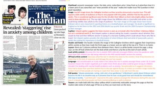 Masthead- presents newspaper name, the date, price, subscribers price ( shop front as it advertises how it is
a lower price if you subscribe) and “news provider of the year” makes the reader trust The Guardian in their
good reputation.
Image- top left image shoes the Gallagher brothers as they recently announced a reunion tour. This will
appeal a wide variety of audience as they're very popular with the public, whether that be the youth or
adults. This is considered significant news for the UK after their fallout so that’s why bright yellow has been
used to draw attention to it. The top right image shows Zoe Williams who is a journalist and writer so she
could bring middle class adults to the range of audience. The main image on the page shows Sven-Goran
Eriksson who is very important in sporting history as a football player and manager. His death is significant to
England as he led them to the 2002 and 2006 World cup quarter finals and the 2004 European Championship
as their manager.
Caption- inlayed caption suggests the Oasis reunion is seen as a triumph after the brothers’ infamous fallout
but isn’t considered worth it. Not inlayed caption is almost asking the reader a question about whether they
would do that and then Williams answer it saying it is character building which could attract those who like to
travel. Not inlayed caption provides the information of when Eriksson died and what of (pancreatic cancer),
whilst also stating his importance in football history.
Header and footer- the header includes the image of the Gallagher brothers which suggests their importance
within society as they have made the front page as a teaser and are right at the top of it. There is no footer.
Layout- there are 5 columns without lines between them, there is a white border around the page, a drop
cap L on the off lead article but not the lead article and there is a by line at the start of each article.
Lead article content- discusses the rise in anxiety (NHS referrals) amongst children since the pandemic with
more than 500 children per day being referred to the NHS mental health services for anxiety.
Off lead article content- discusses what the war in Ukraine has done to the country I how it has become run
down due to the lack of resources and damage the war has caused.
Language- not sensationalist as it only states a fact about the rise in anxiety amongst those under 18. It could
however impact the reader negatively as it makes them think about what could’ve gone wrong as children
shouldn’t be dealing with mental health problems such as anxiety. Sensationalist as it suggests Ukrainians
have had to leave their past lives behind due to the war against Russia. It creates an emotive image inside the
readers head of how people are having to ‘pack their lives away’ to be safe from the war.
Pull quotes- ”always passionate, caring, calm and a true gentlemen” is Beckham’s words about Eriksson which
honours his life in an emotive way as it presents how he was a truly good man and should be remembered
that way in society. “I just feel pain” represents the utter sadness amongst the Ukrainians during this war and
how it is deeply affecting people and their mental wellbeing as well as physical.
Teasers- are made bold with the colour yellow which is extremely noticeable amongst the page so that the
readers take notice of what page it’ll be on so they can read more on the story.
 