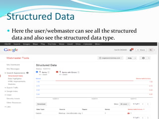 Structured Data
 Here the user/webmaster can see all the structured

data and also see the structured data type.

 