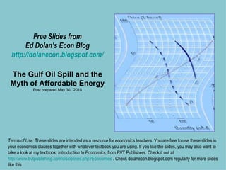 Free Slides from Ed Dolan’s Econ Blog http://dolanecon.blogspot.com/ The Gulf Oil Spill and the Myth of Affordable Energy Post prepared May 30,  2010 Terms of Use:  These slides are intended as a resource for economics teachers. You are free to use these slides in your economics classes together with whatever textbook you are using. If you like the slides, you may also want to take a look at my textbook,  Introduction to Economics,  from BVT Publishers. Check it out at  http://www.bvtpublishing.com/disciplines.php?Economics  . Check dolanecon.blogspot.com regularly for more slides like this 