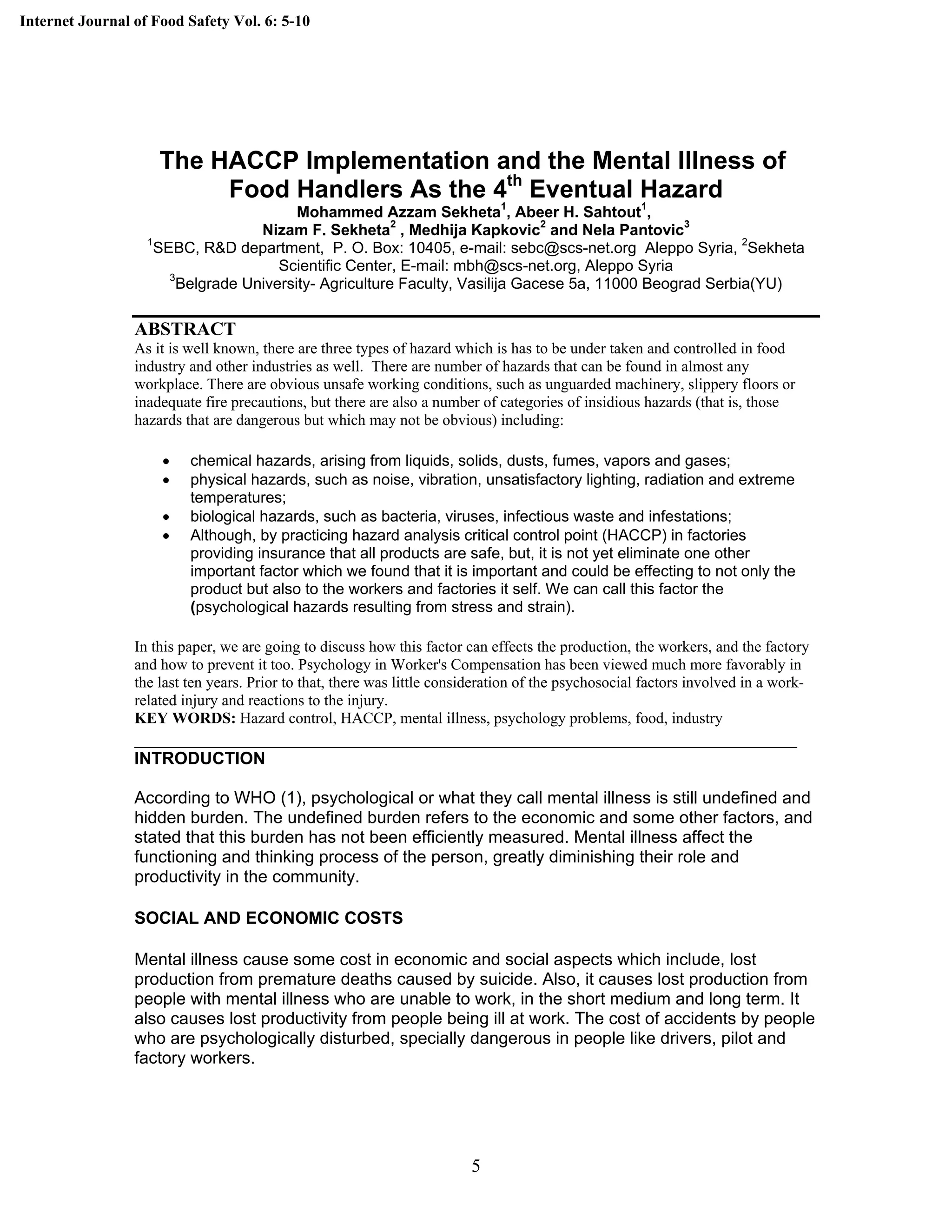 The H A C C P Implementation And The Mental Illnass Of Food Handlers As