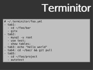 Terminitor
# ~/.terminitor/foo.yml
- tab1:
  - cd ~/foo/bar
  - gitx
- tab2:
  - mysql -u root
  - use test;
  - show tables;
- tab3: echo "hello world"
- tab4: cd ~/baz/ && git pull
- tab5:
  - cd ~/foo/project
  - autotest
 