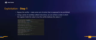 PAGE
Exploitation - Step 1
• Bypass the verifier – make some sort of action that is supposed to be prohibited
• Using a series of carefully crafted instructions, we can achieve a state in which
the register holds the value X, but the verifier believes the value is 1
103
 