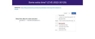 Some extra time? (CVE-2022-30129)
reference: https://blog.sonarsource.com/securing-developer-tools-argument-injection-in-
vscode
Deep links allow for code execution:
vscode:// - vscode-insiders://
 