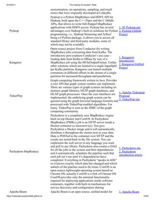 6/16/2017 The Hadoop Ecosystem Table
https://hadoopecosystemtable.github.io/ 10/29
sessionization, set operations, sampling, and much
more) that were originally developed at LinkedIn.
Pydoop
Pydoop is a Python MapReduce and HDFS API for
Hadoop, built upon the C++ Pipes and the C libhdfs
APIs, that allows to write full-fledged MapReduce
applications with HDFS access. Pydoop has several
advantages over Hadoop’s built-in solutions for Python
programming, i.e., Hadoop Streaming and Jython:
being a CPython package, it allows you to access all
standard library and third party modules, some of
which may not be available.
1. SF Pydoop site
2. Pydoop GitHub
Project
Kangaroo
Open-source project from Conductor for writing
MapReduce jobs consuming data from Kafka. The
introductory post explains Conductor’s use case—
loading data from Kafka to HBase by way of a
MapReduce job using the HFileOutputFormat. Unlike
other solutions which are limited to a single InputSplit
per Kafka partition, Kangaroo can launch multiple
consumers at different offsets in the stream of a single
partition for increased throughput and parallelism.
1. Kangaroo
Introduction
2. Kangaroo GitHub
Project
TinkerPop
Graph computing framework written in Java. Provides
a core API that graph system vendors can implement.
There are various types of graph systems including in-
memory graph libraries, OLTP graph databases, and
OLAP graph processors. Once the core interfaces are
implemented, the underlying graph system can be
queried using the graph traversal language Gremlin and
processed with TinkerPop-enabled algorithms. For
many, TinkerPop is seen as the JDBC of the graph
computing community.
1. Apache Tinkerpop
Proposal
2. TinkerPop site
Pachyderm MapReduce
Pachyderm is a completely new MapReduce engine
built on top Docker and CoreOS. In Pachyderm
MapReduce (PMR) a job is an HTTP server inside a
Docker container (a microservice). You give
Pachyderm a Docker image and it will automatically
distribute it throughout the cluster next to your data.
Data is POSTed to the container over HTTP and the
results are stored back in the file system. You can
implement the web server in any language you want
and pull in any library. Pachyderm also creates a DAG
for all the jobs in the system and their dependencies
and it automatically schedules the pipeline such that
each job isn’t run until it’s dependencies have
completed. Everything in Pachyderm “speaks in diffs”
so it knows exactly which data has changed and which
subsets of the pipeline need to be rerun. CoreOS is an
open source lightweight operating system based on
Chrome OS, actually CoreOS is a fork of Chrome OS.
CoreOS provides only the minimal functionality
required for deploying applications inside software
containers, together with built-in mechanisms for
service discovery and configuration sharing
1. Pachyderm site
2. Pachyderm
introduction article
Apache Beam Apache Beam is an open source, unified model for 1. Apache Beam
 