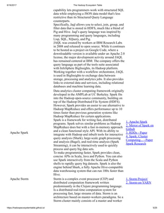 6/16/2017 The Hadoop Ecosystem Table
https://hadoopecosystemtable.github.io/ 5/29
capability lets programmers work with structured SQL
data while employing a JSON data model that's less
restrictive than its Structured Query Language
counterparts.
Specifically, Jaql allows you to select, join, group, and
filter data that is stored in HDFS, much like a blend of
Pig and Hive. Jaql’s query language was inspired by
many programming and query languages, including
Lisp, SQL, XQuery, and Pig.
JAQL was created by workers at IBM Research Labs
in 2008 and released to open source. While it continues
to be hosted as a project on Google Code, where a
downloadable version is available under an Apache 2.0
license, the major development activity around JAQL
has remained centered at IBM. The company offers the
query language as part of the tools suite associated
with InfoSphere BigInsights, its Hadoop platform.
Working together with a workflow orchestrator, JAQL
is used in BigInsights to exchange data between
storage, processing and analytics jobs. It also provides
links to external data and services, including relational
databases and machine learning data.
Apache Spark
Data analytics cluster computing framework originally
developed in the AMPLab at UC Berkeley. Spark fits
into the Hadoop open-source community, building on
top of the Hadoop Distributed File System (HDFS).
However, Spark provides an easier to use alternative to
Hadoop MapReduce and offers performance up to 10
times faster than previous generation systems like
Hadoop MapReduce for certain applications.
Spark is a framework for writing fast, distributed
programs. Spark solves similar problems as Hadoop
MapReduce does but with a fast in-memory approach
and a clean functional style API. With its ability to
integrate with Hadoop and inbuilt tools for interactive
query analysis (Shark), large-scale graph processing
and analysis (Bagel), and real-time analysis (Spark
Streaming), it can be interactively used to quickly
process and query big data sets.
To make programming faster, Spark provides clean,
concise APIs in Scala, Java and Python. You can also
use Spark interactively from the Scala and Python
shells to rapidly query big datasets. Spark is also the
engine behind Shark, a fully Apache Hive-compatible
data warehousing system that can run 100x faster than
Hive.
1. Apache Spark
2. Mirror of Spark on
Github
3. RDDs - Paper
4. Spark: Cluster
Computing... - Paper
Spark Research
Apache Storm Storm is a complex event processor (CEP) and
distributed computation framework written
predominantly in the Clojure programming language.
Is a distributed real-time computation system for
processing fast, large streams of data. Storm is an
architecture based on master-workers paradigma. So a
Storm cluster mainly consists of a master and worker
1. Storm Project/
2. Storm-on-YARN
 