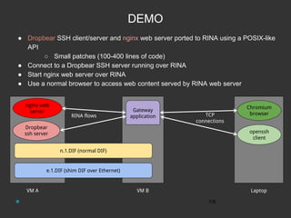 DEMO
● Dropbear SSH client/server and nginx web server ported to RINA using a POSIX-like
API
○ Small patches (100-400 lines of code)
● Connect to a Dropbear SSH server running over RINA
● Start nginx web server over RINA
● Use a normal browser to access web content served by RINA web server
7/6
VM B
Gateway
application
VM A
nginx web
server
Chromium
browserTCP
connections
Laptop
openssh
client
Dropbear
ssh server
n.1.DIF (normal DIF)
e.1.DIF (shim DIF over Ethernet)
RINA flows
 