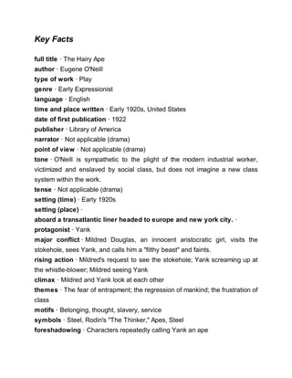 Key Facts
full title · The Hairy Ape
author · Eugene O'Neill
type of work · Play
genre · Early Expressionist
language · English
time and place written · Early 1920s, United States
date of first publication · 1922
publisher · Library of America
narrator · Not applicable (drama)
point of view · Not applicable (drama)
tone · O'Neill is sympathetic to the plight of the modern industrial worker,
victimized and enslaved by social class, but does not imagine a new class
system within the work.
tense · Not applicable (drama)
setting (time) · Early 1920s
setting (place) ·
aboard a transatlantic liner headed to europe and new york city. ·
protagonist · Yank
major conflict · Mildred Douglas, an innocent aristocratic girl, visits the
stokehole, sees Yank, and calls him a "filthy beast" and faints.
rising action · Mildred's request to see the stokehole; Yank screaming up at
the whistle-blower; Mildred seeing Yank
climax · Mildred and Yank look at each other
themes · The fear of entrapment; the regression of mankind; the frustration of
class
motifs · Belonging, thought, slavery, service
symbols · Steel, Rodin's "The Thinker," Apes, Steel
foreshadowing · Characters repeatedly calling Yank an ape
 
