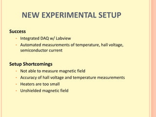 NEW EXPERIMENTAL SETUP
Success
• Integrated DAQ w/ Labview
• Automated measurements of temperature, hall voltage,
semiconductor current
Setup Shortcomings
• Not able to measure magnetic field
• Accuracy of hall voltage and temperature measurements
• Heaters are too small
• Unshielded magnetic field
 