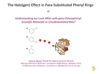 The Halo(gen) Effect in Para-Substituted Phenyl Rings
or
Understanding our Love Affair with para-Chlorophenyl:
Scientific Rationale or Unsubstantiated Bias?
Dean G. Brown, Moriah M. Gagnon and Jonas Boström
Infection Innovative Medicines, AstraZeneca R&D Boston, Waltham, 02451.
CVMD Innovative Medicines, AstraZeneca, Mölndal SE-431 83, Sweden
 
