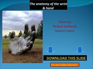 The anatomy of the wrist & hand  Done by: Mohad mubarak  Sameer esawi      DOWNLOAD THIS SLIDE For more slides click here 