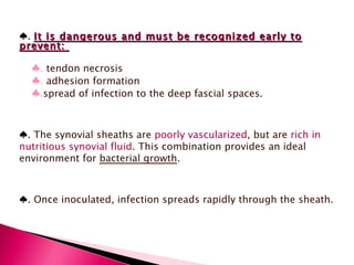 ♠ .  It is dangerous and must be recognized early to prevent:  ♣ .  tendon necrosis ♣ .  adhesion formation ♣ . spread of infection to the deep fascial spaces. ♠ .  The synovial sheaths are  poorly vascularized , but are  rich in nutritious synovial fluid . This combination provides an ideal environment for  bacterial growth .  ♠ .  Once inoculated, infection spreads rapidly through the sheath. 