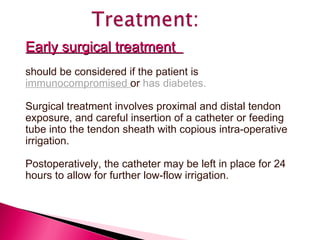 Early surgical treatment  should be considered if the patient is  immunocompromised  or  has diabetes. Surgical treatment involves proximal and distal tendon exposure, and careful insertion of a catheter or feeding tube into the tendon sheath with copious intra-operative irrigation. Postoperatively, the catheter may be left in place for 24 hours to allow for further low-flow irrigation. 