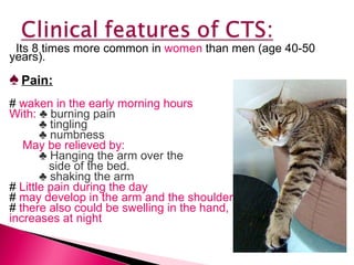 Its 8 times more common in  women  than men (age 40-50 years). ♠   Pain: #  waken in the early morning hours With:  ♣  burning pain  ♣   tingling ♣  numbness May be relieved by: ♣  Hanging the arm over the  side of the bed. ♣   shaking the arm #  Little pain during the day #  may develop in the arm and the shoulder #  there also could be swelling in the hand, increases at night  
