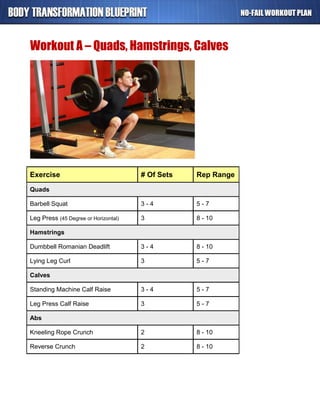 Workout A – Quads, Hamstrings, Calves
Exercise # Of Sets Rep Range
Quads
Barbell Squat 3 - 4 5 - 7
Leg Press (45 Degree or Horizontal) 3 8 - 10
Hamstrings
Dumbbell Romanian Deadlift 3 - 4 8 - 10
Lying Leg Curl 3 5 - 7
Calves
Standing Machine Calf Raise 3 - 4 5 - 7
Leg Press Calf Raise 3 5 - 7
Abs
Kneeling Rope Crunch 2 8 - 10
Reverse Crunch 2 8 - 10
 
