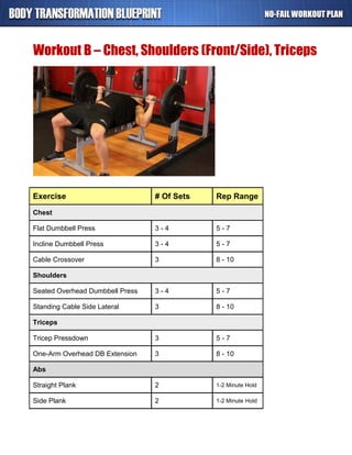 Workout B – Chest, Shoulders (Front/Side), Triceps
Exercise # Of Sets Rep Range
Chest
Flat Dumbbell Press 3 - 4 5 - 7
Incline Dumbbell Press 3 - 4 5 - 7
Cable Crossover 3 8 - 10
Shoulders
Seated Overhead Dumbbell Press 3 - 4 5 - 7
Standing Cable Side Lateral 3 8 - 10
Triceps
Tricep Pressdown 3 5 - 7
One-Arm Overhead DB Extension 3 8 - 10
Abs
Straight Plank 2 1-2 Minute Hold
Side Plank 2 1-2 Minute Hold
 