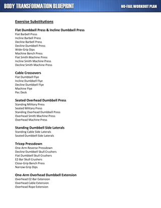 Exercise Substitutions
Flat Dumbbell Press & Incline Dumbbell Press
Flat Barbell Press
Incline Barbell Press
Decline Barbell Press
Decline Dumbbell Press
Wide-Grip Dips
Machine Bench Press
Flat Smith Machine Press
Incline Smith Machine Press
Decline Smith Machine Press
Cable Crossovers
Flat Dumbbell Flye
Incline Dumbbell Flye
Decline Dumbbell Flye
Machine Flye
Pec Deck
Seated Overhead Dumbbell Press
Standing Military Press
Seated Military Press
Standing Overhead Dumbbell Press
Overhead Smith Machine Press
Overhead Machine Press
Standing Dumbbell Side Laterals
Standing Cable Side Laterals
Seated Dumbbell Side Laterals
Tricep Pressdown
One-Arm Reverse Pressdown
Decline Dumbbell Skull Crushers
Flat Dumbbell Skull Crushers
EZ-Bar Skull Crushers
Close-Grip Bench Press
Narrow-Grip Dips
One-Arm Overhead Dumbbell Extension
Overhead EZ-Bar Extension
Overhead Cable Extension
Overhead Rope Extension
 