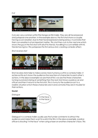 Cut
Cuts are very common within The Hangover filmtrailer. They are all faced paced
and juxtapose one another. In the example above, the first shot shows a couple
having a conversation. Due to their facial expressions being serious, it connotes that
their conversation is of an important matter. This shot then cuts to the next one which
shows the guy in the first shot with all of his friends, travelling in a convertible with his
friends having fun. This juxtaposes the first serious shot, creating comedic effect.
Shot-reverse-shot
Shot-reverse-shots help to make scenes more humorous within a comedy trailer. It
achievesthis as it shows the audience the reactions of characters to each other’s
actions. In the above example we see that at first, we see the three characters
turning round and staring at something then the next shot shows a police car and
officer and then it returns to the first shot. This is funny to the audience as it is a
realistic situation which thesecharacters are in and connotes they are in trouble for
their actions.
Sound
Dialogue
Dialogue in a comedy trailer usually uses the funnier comments to attract the
audience and make them want to watch the film. In the above example, a police
officer is shouting “in the face” when using a taser on another character’s face. This
In the face,
in the face!
 