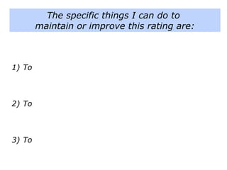 The specific things I can do to
maintain or improve this rating are:
1) To
2) To
3) To
 