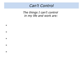 Can’t Control
The things I can’t control
in my life and work are:
*
*
*
*
*
 