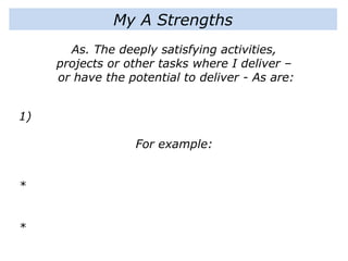 My A Strengths
As. The deeply satisfying activities,
projects or other tasks where I deliver –
or have the potential to deliver - As are:
1)
For example:
*
*
*
 