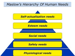 Maslow’s Hierarchy Of Human Needs
Self-actualisation needs
Esteem needs
Social needs
Safety needs
Physiological needs
 