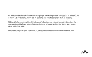 the index score had been divided into four groups, which ranged from unhappy (0-25 percent), not
so happy (25-50 percent), happy (50-75 percent) and very happy (more than 75 percent)
Additionally, Suryamin explained, the issues of education and income worried Indonesians the
most, evidenced by lower scores, however, in terms of happy families, the scores were on the
higher end of the scale
http://www.thejakartapost.com/news/2014/04/17/how-happy-are-indonesians-really.html
 