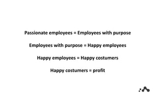 Passionate employees = Employees with purpose
Employees with purpose = Happy employees
Happy employees = Happy costumers
Happy costumers = profit
 