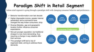  Behavior transformation over last decade
 Higher disposable income, greater internet
penetration and e-commerce have
changed the way Indian consumers shop
 Diverse lifestyles, age and geographic
location further influence consumer
expectations
 Not just younger population, but traditional
shopper is now more demanding, thus
requiring a change in way retailers offer
their services
 This paradigm shift led to rise of
organized retail, aiming to address these
demands
Product
Availability
Better
Shopping
Experience
Wider
Product
Assortment
Convenience
Newly
Launched
Products
Digital
Interaction
Discount
and offers
Easy
Accessibility
Consumer Preference?
Indian retail segment is going through a paradigm shift with changing consumer behavior and preferences…
Paradigm Shift in Retail Segment
 