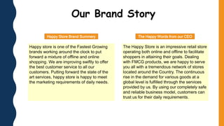 Our Brand Story
Happy store is one of the Fastest Growing
brands working around the clock to put
forward a mixture of offline and online
shopping. We are improving swiftly to offer
the best customer service to all our
customers. Putting forward the state of the
art services, happy store is happy to meet
the marketing requirements of daily needs.
The Happy Store is an impressive retail store
operating both online and offline to facilitate
shoppers in attaining their goals. Dealing
with FMCG products, we are happy to serve
you all with a tremendous network of stores
located around the Country. The continuous
rise in the demand for various goods at a
global level is fulfilled through the services
provided by us. By using our completely safe
and reliable business model, customers can
trust us for their daily requirements.
Happy Store Brand Summery The Happy Words from our CEO
 