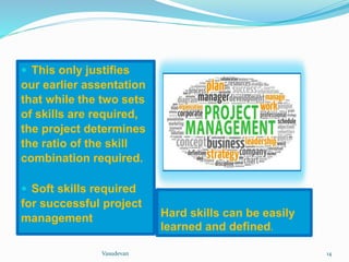 . 
 This only justifies 
our earlier assentation 
that while the two sets 
of skills are required, 
the project determines 
the ratio of the skill 
combination required. 
 Soft skills required 
for successful project 
management Hard skills can be easily 
learned and defined. 
Vasudevan 14 
 