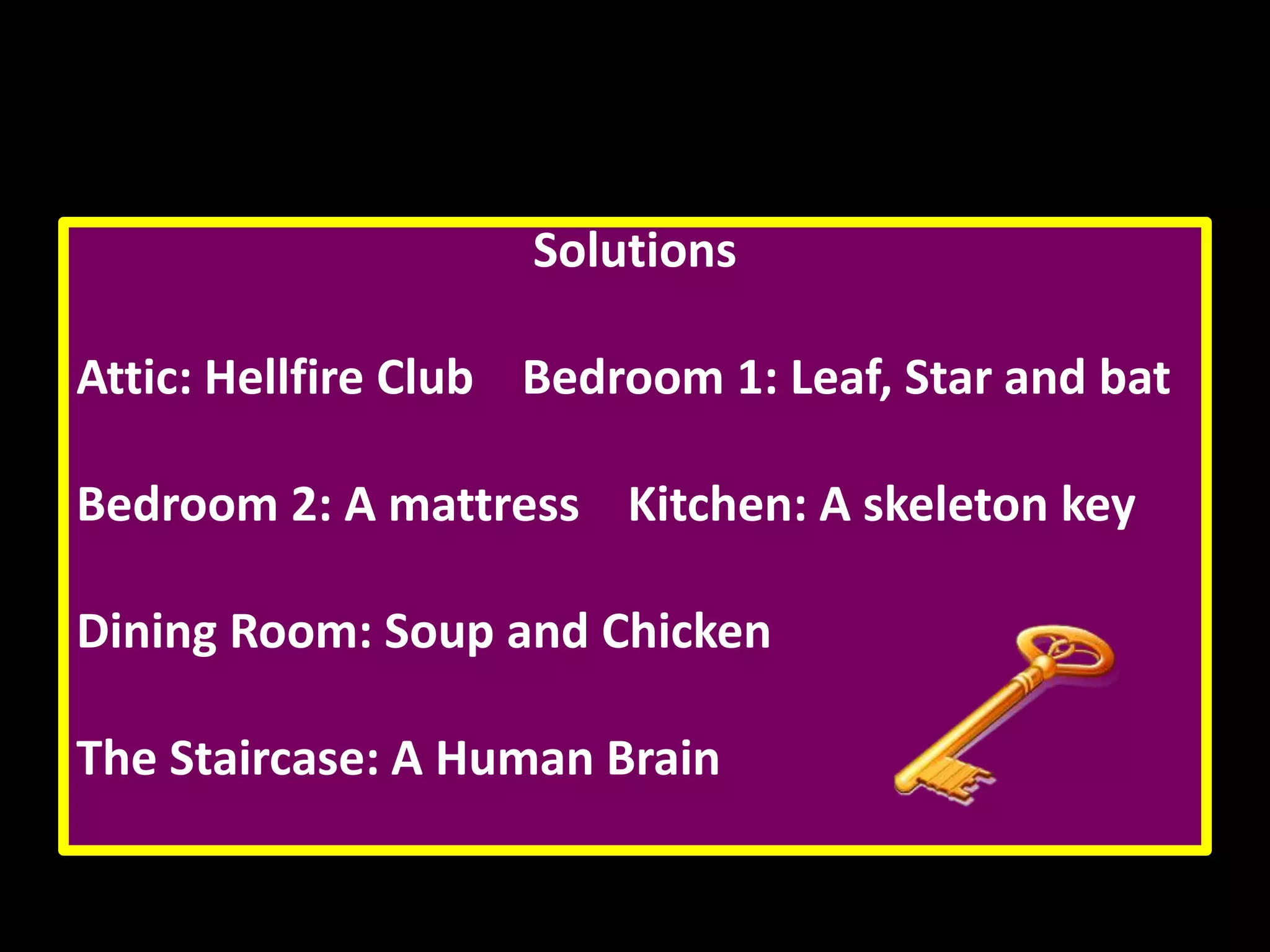 Solutions
Attic: Hellfire Club Bedroom 1: Leaf, Star and bat
Bedroom 2: A mattress Kitchen: A skeleton key
Dining Room: Soup and Chicken

The Staircase: A Human Brain

 