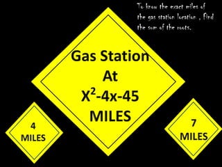 To know the exact miles of
the gas station location , Find
the sum of the roots.
 