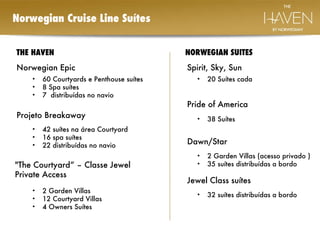 Norwegian Cruise Line Suítes  THE HAVEN  NORWEGIAN SUITES  Norwegian Epic  Spirit, Sky, Sun  20 Suítes cada  60 Courtyards e Penthouse suítes 8 Spa suítes 7  distribuídas no navio  Pride of America  38 Suítes  Dawn/Star  Projeto Breakaway  2 Garden Villas (acesso privado ) 35 suítes distribuídas a bordo  42 suítes na área Courtyard 16 spa suítes 22 distribuídas no navio  Jewel Class suítes  32 suítes distribuídas a bordo  "The Courtyard“ – Classe Jewel Private Access  2 Garden Villas 12 Courtyard Villas 4 Owners Suítes  