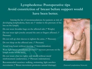 Lymphedema: Postoperative tips
Avoid constriction of breast before support would
have been better.
Among the list of recom...