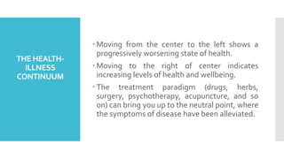 THE HEALTH-
ILLNESS
CONTINUUM
 Moving from the center to the left shows a
progressively worsening state of health.
 Moving to the right of center indicates
increasing levels of health and wellbeing.
 The treatment paradigm (drugs, herbs,
surgery, psychotherapy, acupuncture, and so
on) can bring you up to the neutral point, where
the symptoms of disease have been alleviated.
 