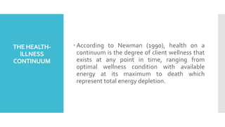 THE HEALTH-
ILLNESS
CONTINUUM
 According to Newman (1990), health on a
continuum is the degree of client wellness that
exists at any point in time, ranging from
optimal wellness condition with available
energy at its maximum to death which
represent total energy depletion.
 