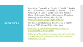 REFERENCES
 Rovesti, M., Fioranelli, M., Petrelli, P., Satolli, F., Roccia,
M. G., Gianfaldoni, S.,Tchernev, G.,Wollina, U., Lotti, J.,
Feliciani, C., & Lotti,T. (2018). Health and Illness in
History, Science and Society. Open access Macedonian
journal of medical sciences, 6(1), 163–165.
https://doi.org/10.3889/oamjms.2018.056
 WHO 2013.What are social determinants of health?
Geneva:WHO.Viewed 6 December 2013.
 https://study.com/academy/course/nursing-101-
fundamentals-of-nursing.html
 http://www.thewellspring.com/wellspring/introduction
-to-wellness/357/key-concept-1-the-illnesswellness-
continuum.cfm.html
 