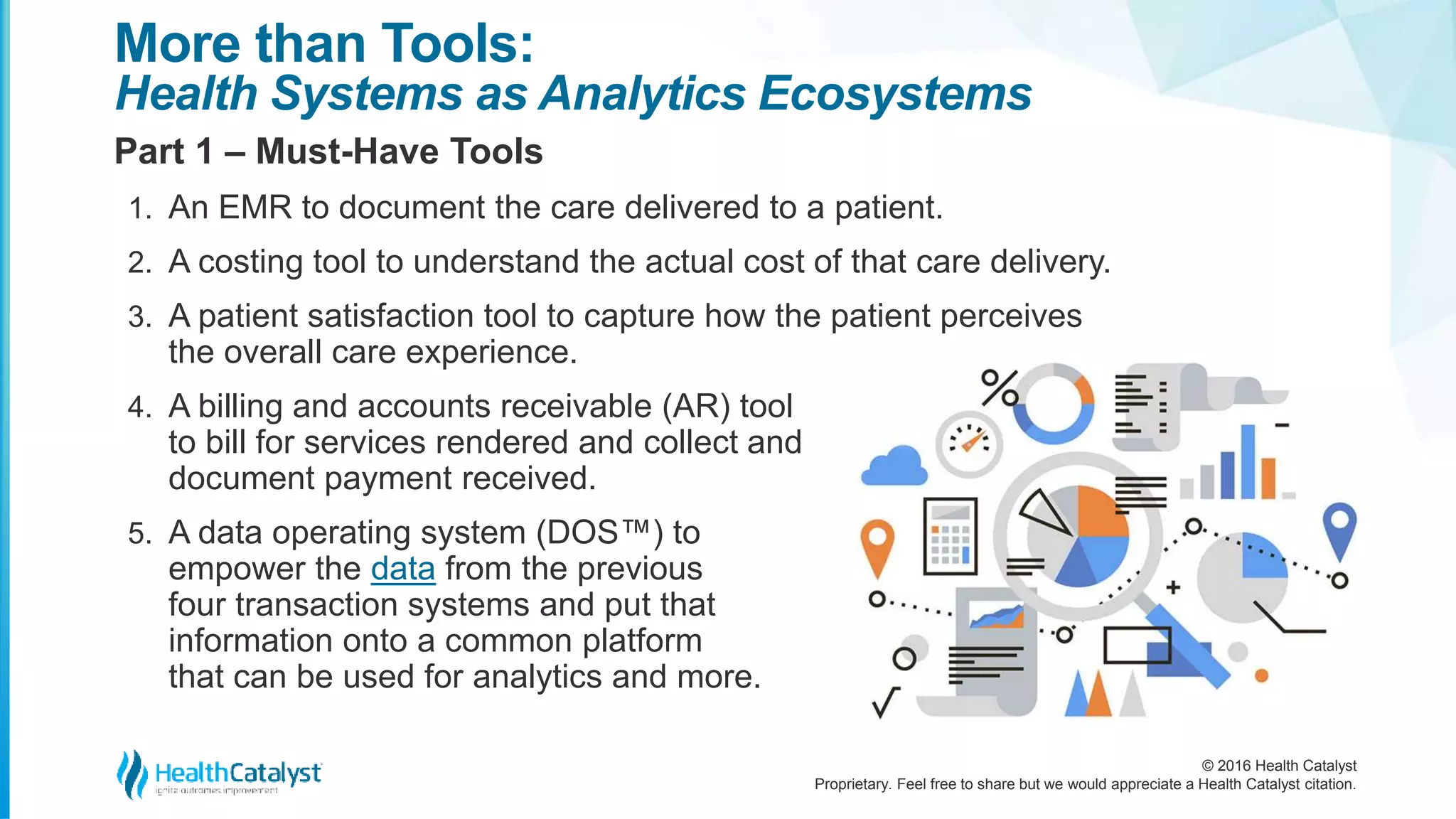 © 2016 Health Catalyst
Proprietary. Feel free to share but we would appreciate a Health Catalyst citation.
More than Tools:
Health Systems as Analytics Ecosystems
Part 1 – Must-Have Tools
1. An EMR to document the care delivered to a patient.
2. A costing tool to understand the actual cost of that care delivery.
3. A patient satisfaction tool to capture how the patient perceives
the overall care experience.
4. A billing and accounts receivable (AR) tool
to bill for services rendered and collect and
document payment received.
5. A data operating system (DOS™) to
empower the data from the previous
four transaction systems and put that
information onto a common platform
that can be used for analytics and more.
 
