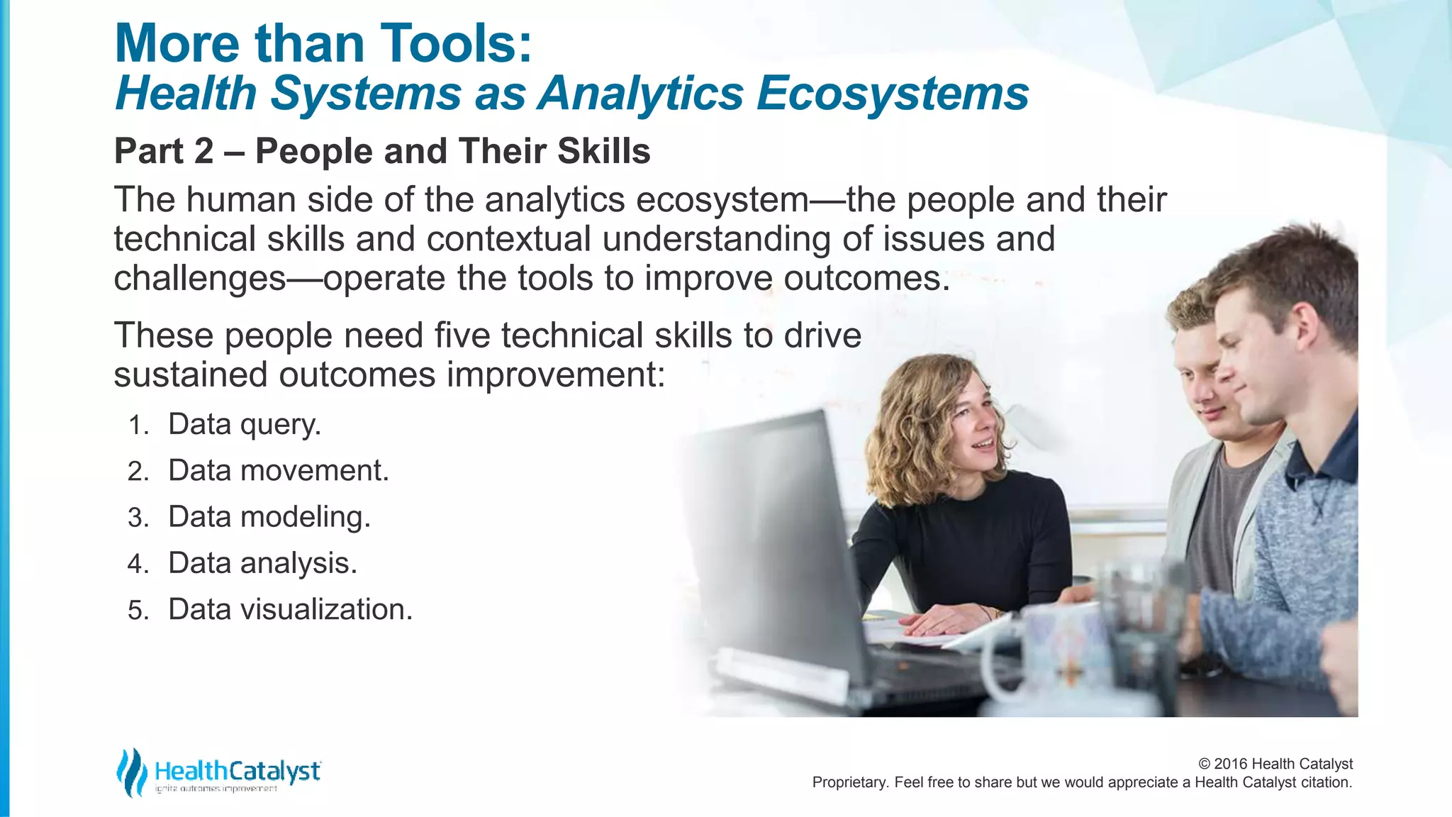 © 2016 Health Catalyst
Proprietary. Feel free to share but we would appreciate a Health Catalyst citation.
More than Tools:
Health Systems as Analytics Ecosystems
Part 2 – People and Their Skills
The human side of the analytics ecosystem—the people and their
technical skills and contextual understanding of issues and
challenges—operate the tools to improve outcomes.
These people need five technical skills to drive
sustained outcomes improvement:
1. Data query.
2. Data movement.
3. Data modeling.
4. Data analysis.
5. Data visualization.
 