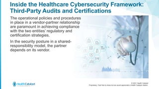 © 2021 Health Catalyst
Proprietary. Feel free to share but we would appreciate a Health Catalyst citation.
Inside the Healthcare Cybersecurity Framework:
Third-Party Audits and Certifications
The operational policies and procedures
in place in a vendor-partner relationship
are paramount in achieving compliance
with the two entities’ regulatory and
certification strategies.
In the security posture in a shared-
responsibility model, the partner
depends on its vendor.
 
