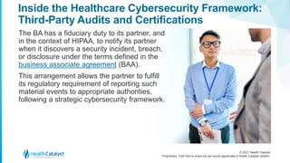 © 2021 Health Catalyst
Proprietary. Feel free to share but we would appreciate a Health Catalyst citation.
Inside the Healthcare Cybersecurity Framework:
Third-Party Audits and Certifications
The BA has a fiduciary duty to its partner, and
in the context of HIPAA, to notify its partner
when it discovers a security incident, breach,
or disclosure under the terms defined in the
business associate agreement (BAA).
This arrangement allows the partner to fulfill
its regulatory requirement of reporting such
material events to appropriate authorities,
following a strategic cybersecurity framework.
 
