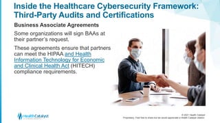© 2021 Health Catalyst
Proprietary. Feel free to share but we would appreciate a Health Catalyst citation.
Inside the Healthcare Cybersecurity Framework:
Third-Party Audits and Certifications
Business Associate Agreements
Some organizations will sign BAAs at
their partner’s request.
These agreements ensure that partners
can meet the HIPAA and Health
Information Technology for Economic
and Clinical Health Act (HITECH)
compliance requirements.
 